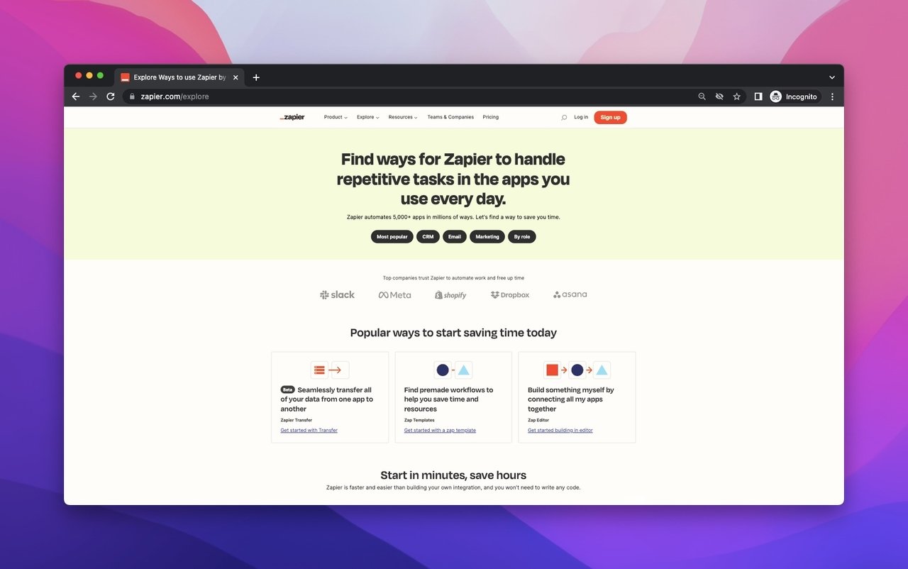 Zapier presell page above the fold showing the company motto and marketing automation categories