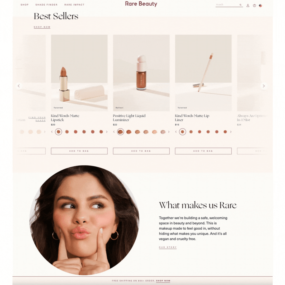 Rare Beauty presell page gif showing the elements of the presell page including video hero and best sellers