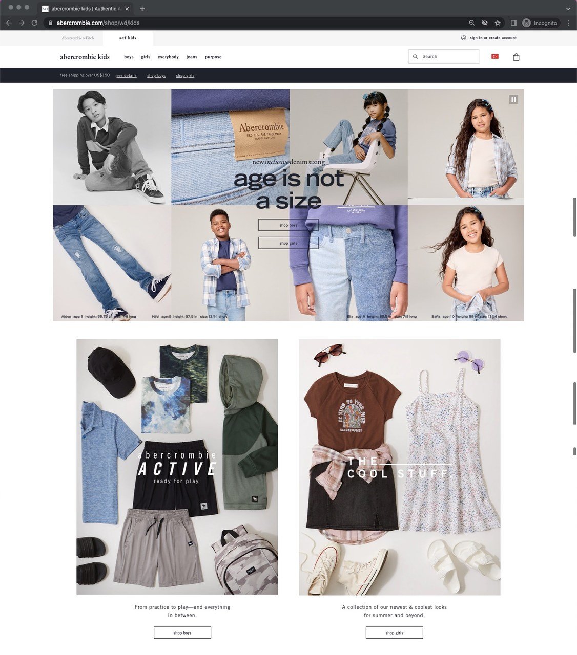 Abercrombie Kids presell page with children wearing Abercrombie and CTA buttons for shopping boys and girls