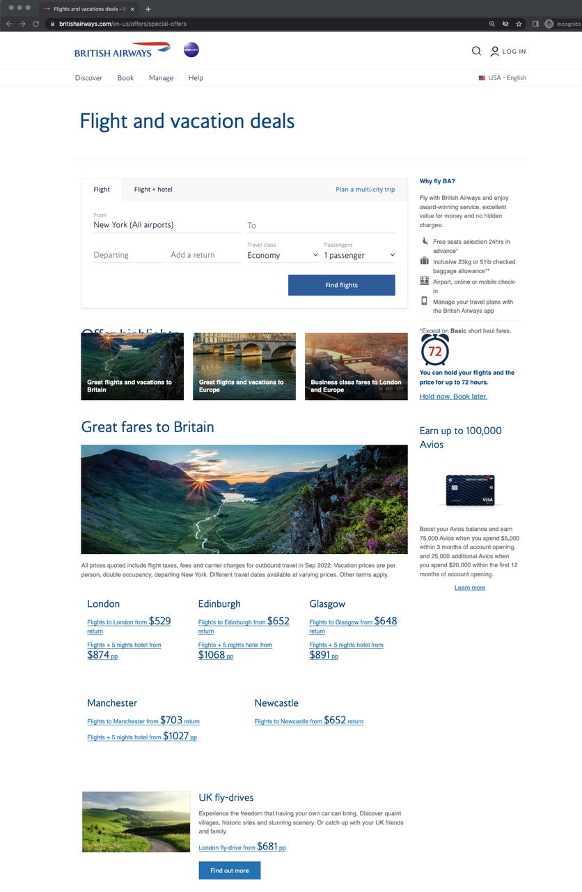 British Airways presell page showing flight arrangement options and recommended destinations with prices