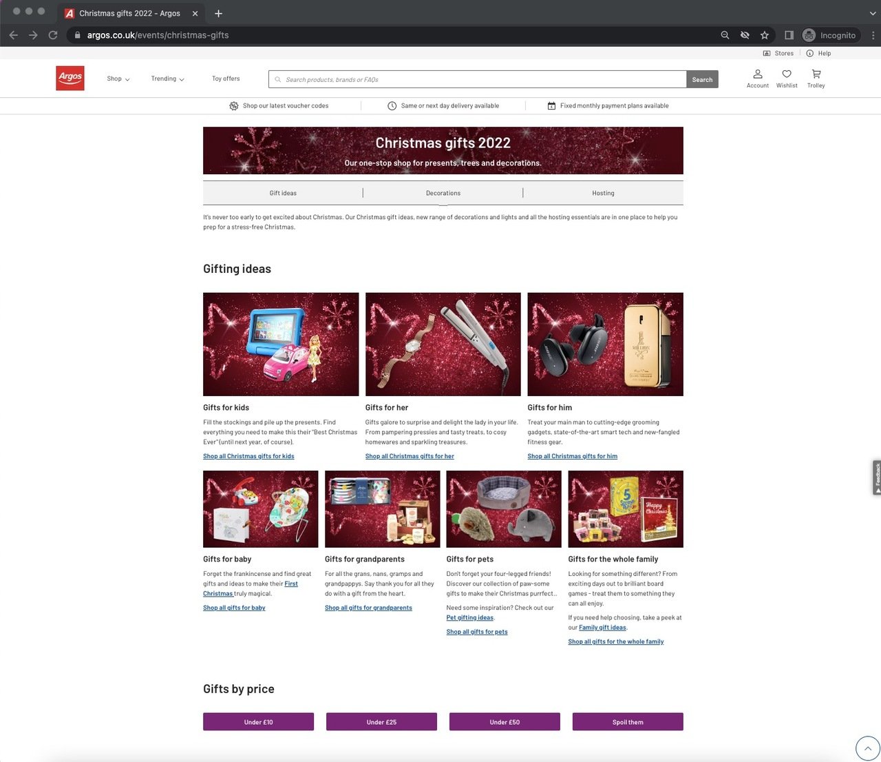 Argos presell page designed for Christmas with gift ideas organized by price range and product category