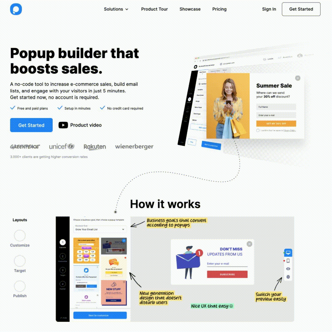 Popupsmart presell page with demo videos, customer reviews, and FAQ sections of the landing page