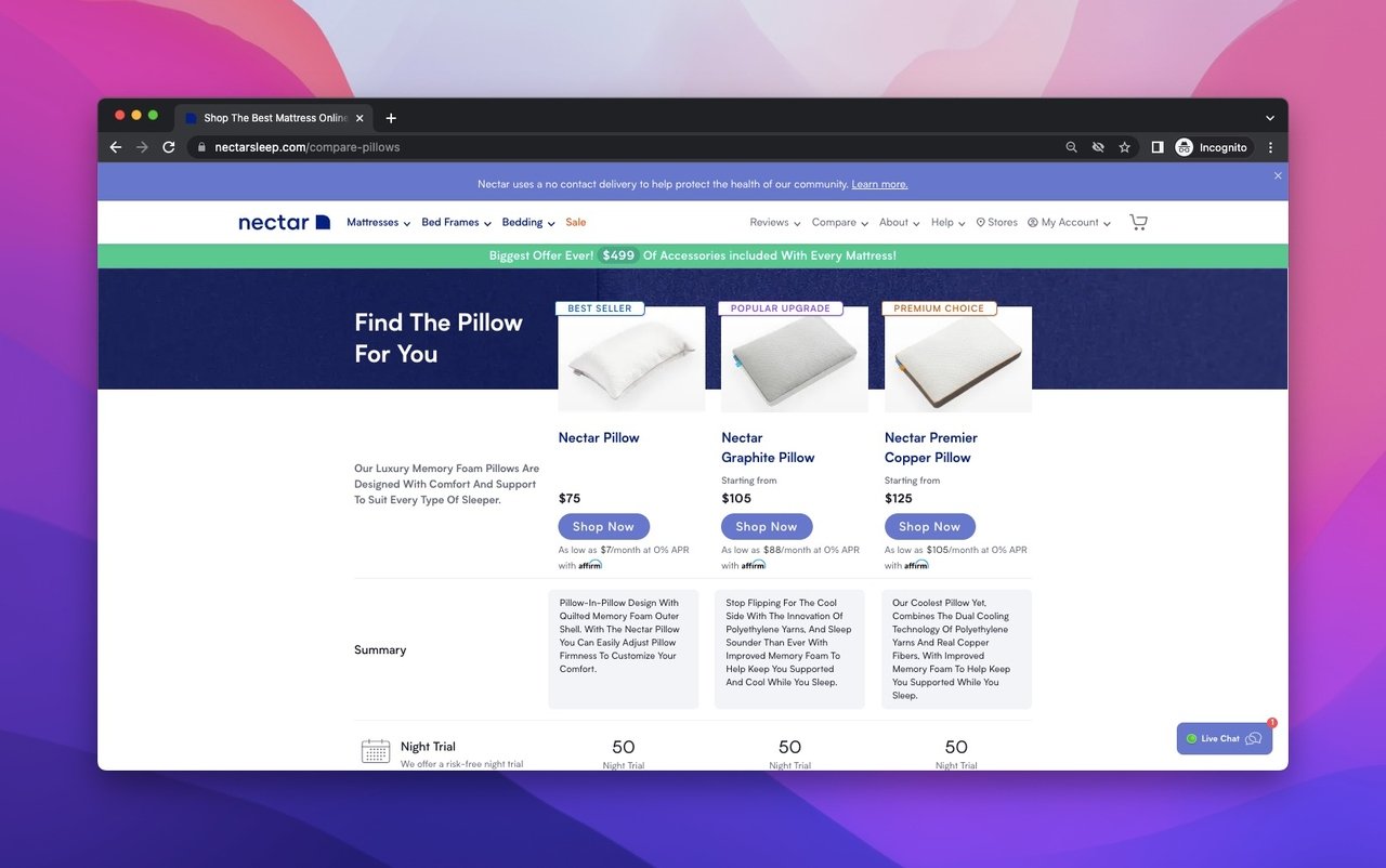 Nectar Sleep presell page showing pillow comparison table and detailed product information
