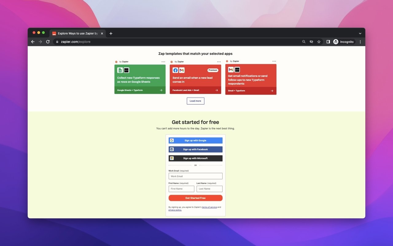 Zapier presell page showing integration offers and get started sign-up section