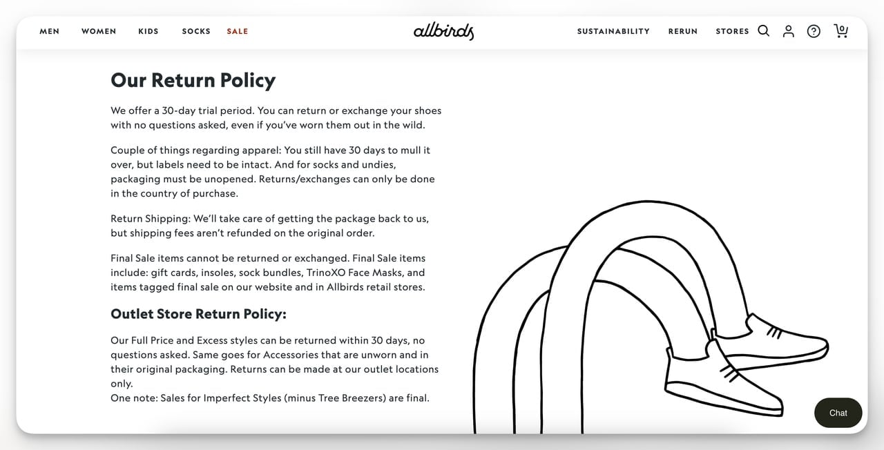 Allbirds return policy page showing product-specific return conditions for footwear apparel and accessories