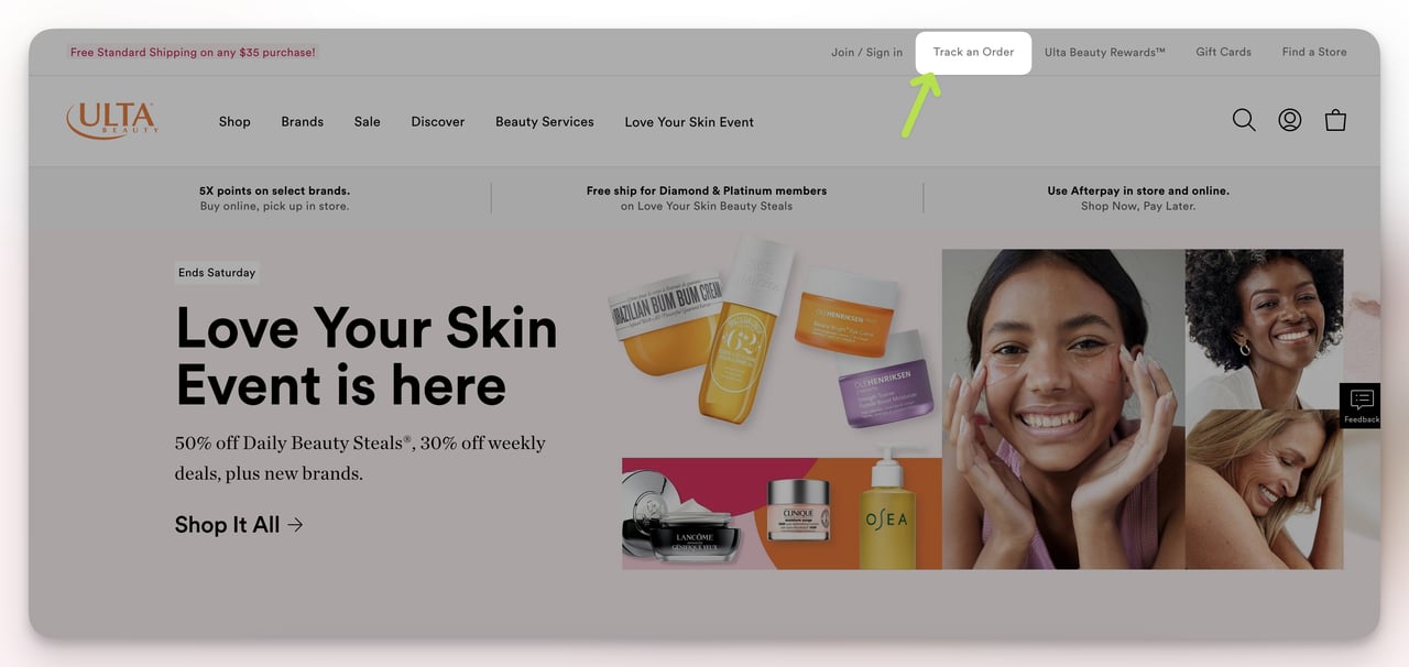 Ulta Beauty website order tracking page showing shipment status and delivery estimate