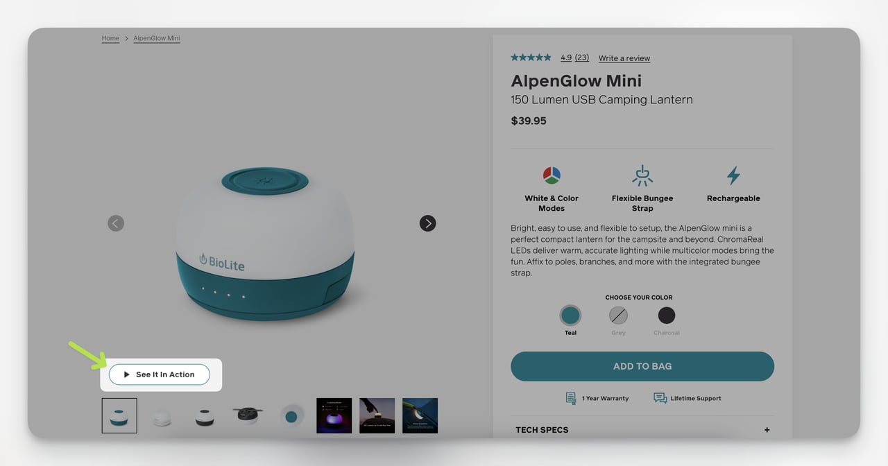 BioLite product page with how-to video button for post-purchase product education