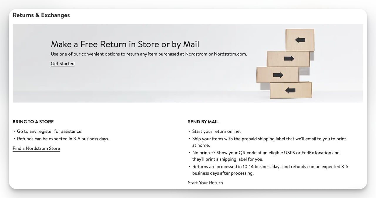 Nordstrom return policy page showing in-store and mail return processing timelines