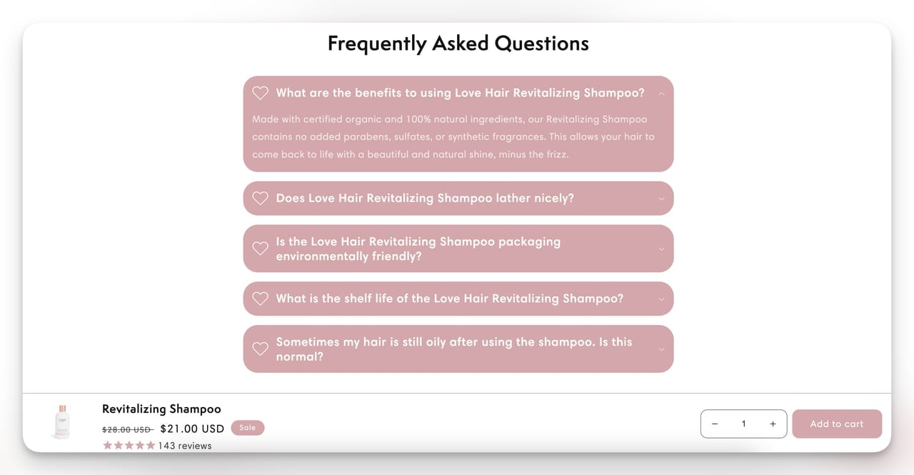 Love Hair FAQ section with searchable post-purchase product questions and answers