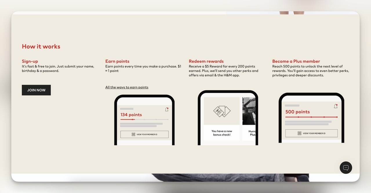 H&M loyalty program how it works section showing points earning and reward redemption process