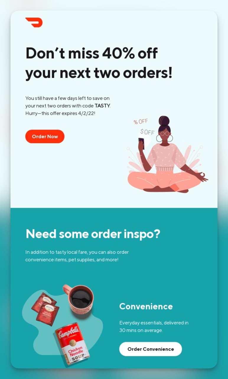 DoorDash email offering 40% discount on next order with expiration date as post-purchase incentive