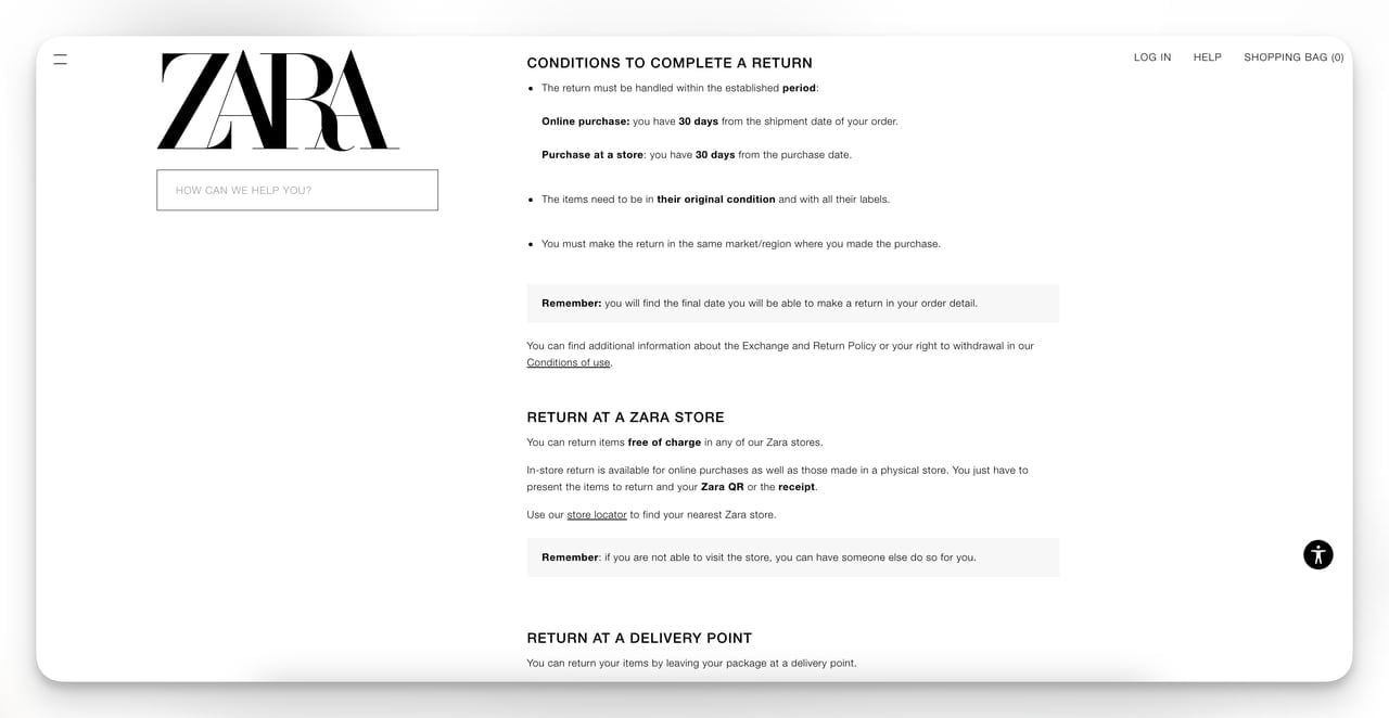Zara return policy page showing 30-day return window for online and in-store purchases