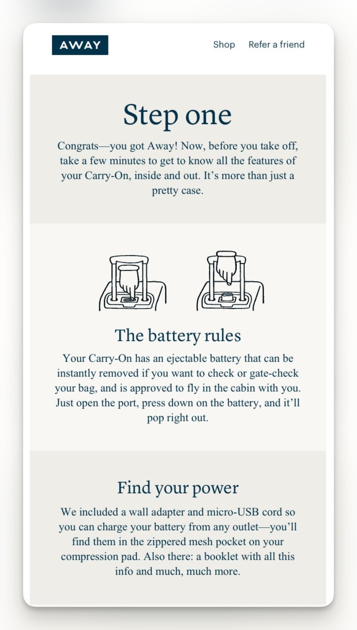 Away luggage post-purchase email explaining ejectable battery feature with visual instructions