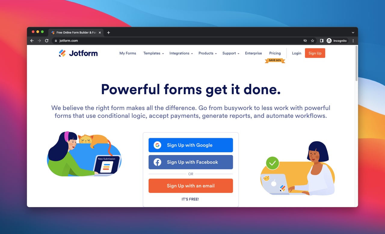 Screenshot of Jotform's homepage, this is a form builder