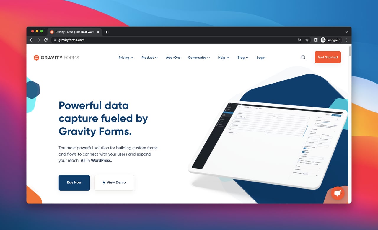 Gravity Forms homepage, a form builder app 