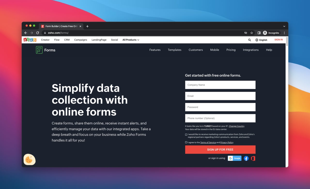 Zoho Forms homepage 