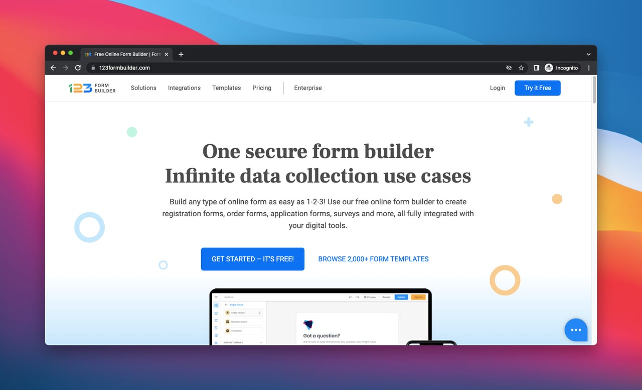 123 Form builder hompeage, a form builder app 
