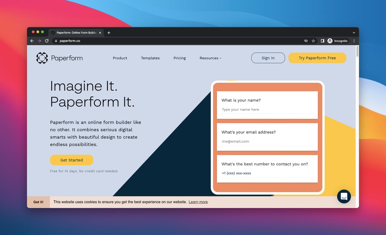 Paperform homepage screenshot, a form builder