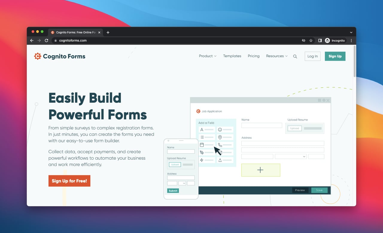 Cognito Forms homepage, a form builder app 