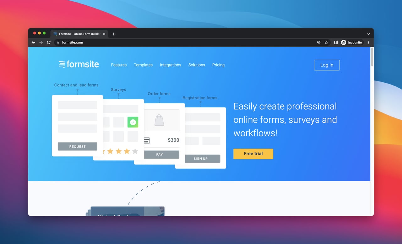 Screenshot of the Formsite homepage, this is a form creation tool