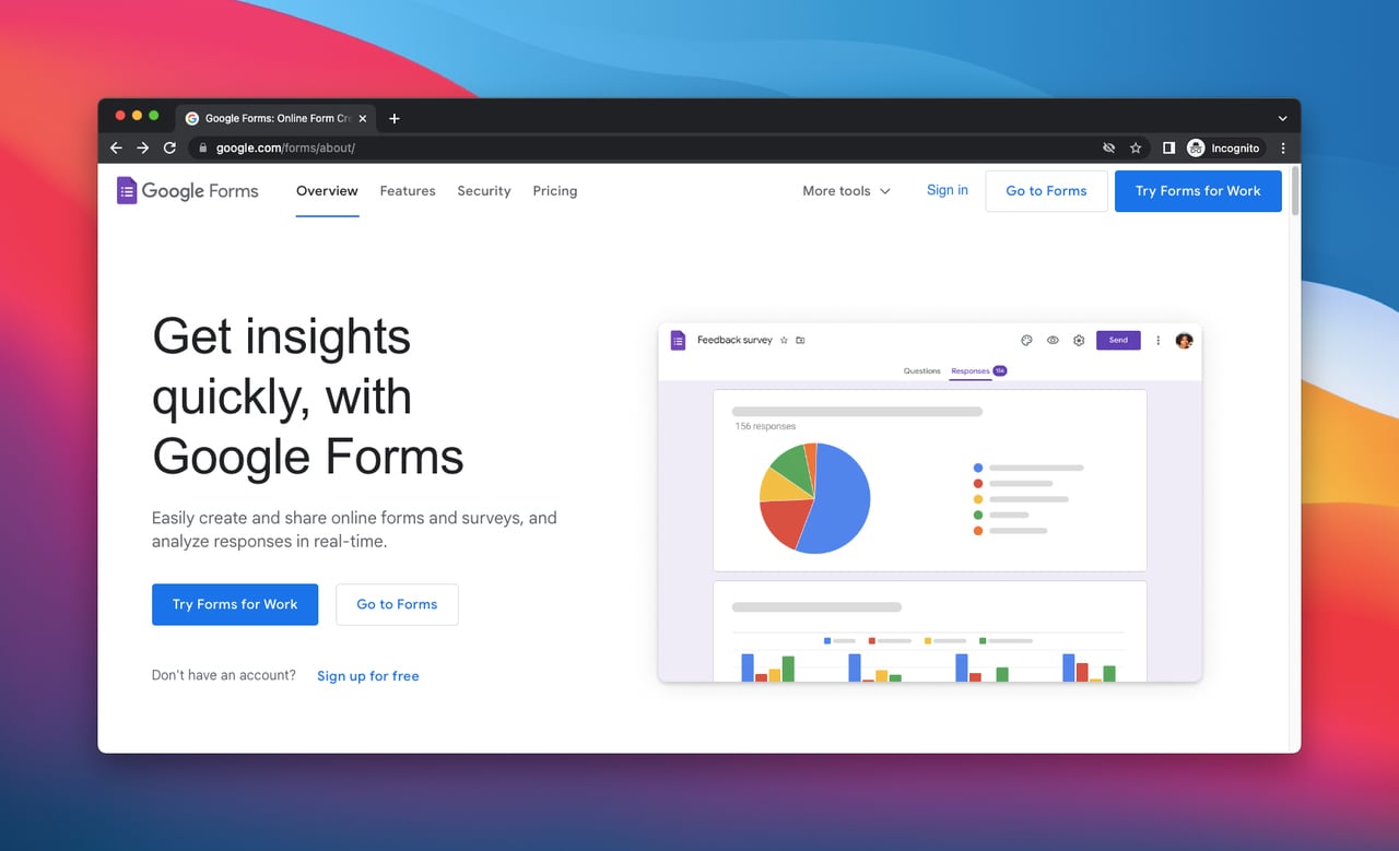 Screenshot of the Google Forms homepage, form creation tool