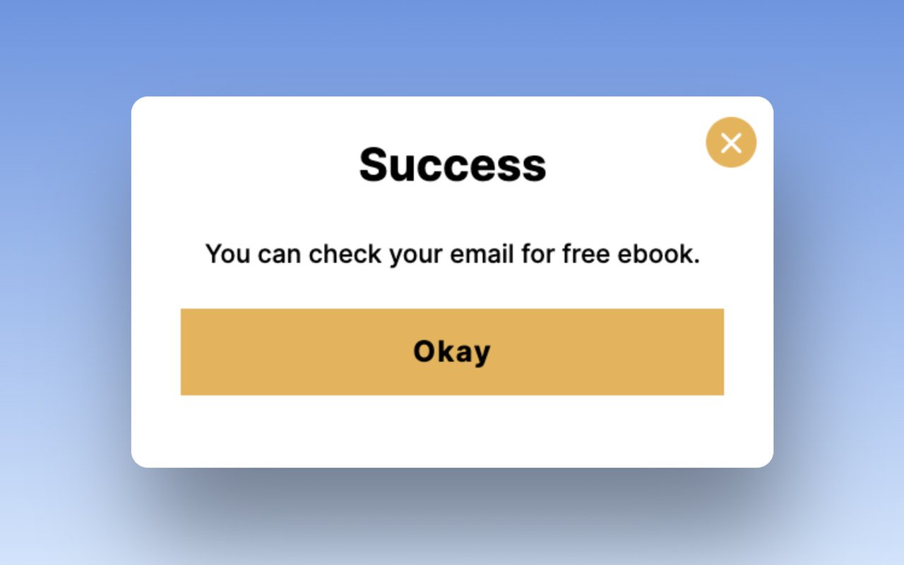 "Başarılı, ücretsiz e-kitap için e-posta adresinizi kontrol edebilirsiniz" yazan ikinci adım ücretsiz e-kitap indirme pop-up örneği