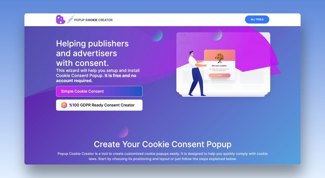 Popupsmart çerez bildirimi oluşturucu ana sayfası