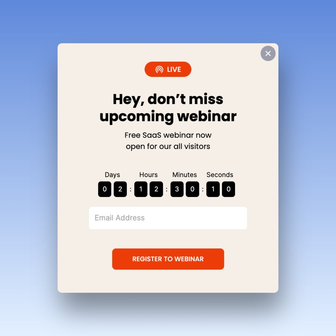 Başlığında "Hey, yaklaşan webinari kaçırma" yazan ve webinara kadar geri sayım yapan bir webinar pop-up örneği