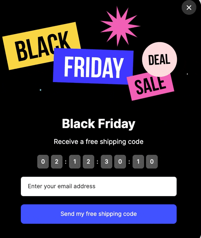 siyah bir arka plan ve geri sayım sayacı olan bir animasyonlu Black Friday pop-up örneği