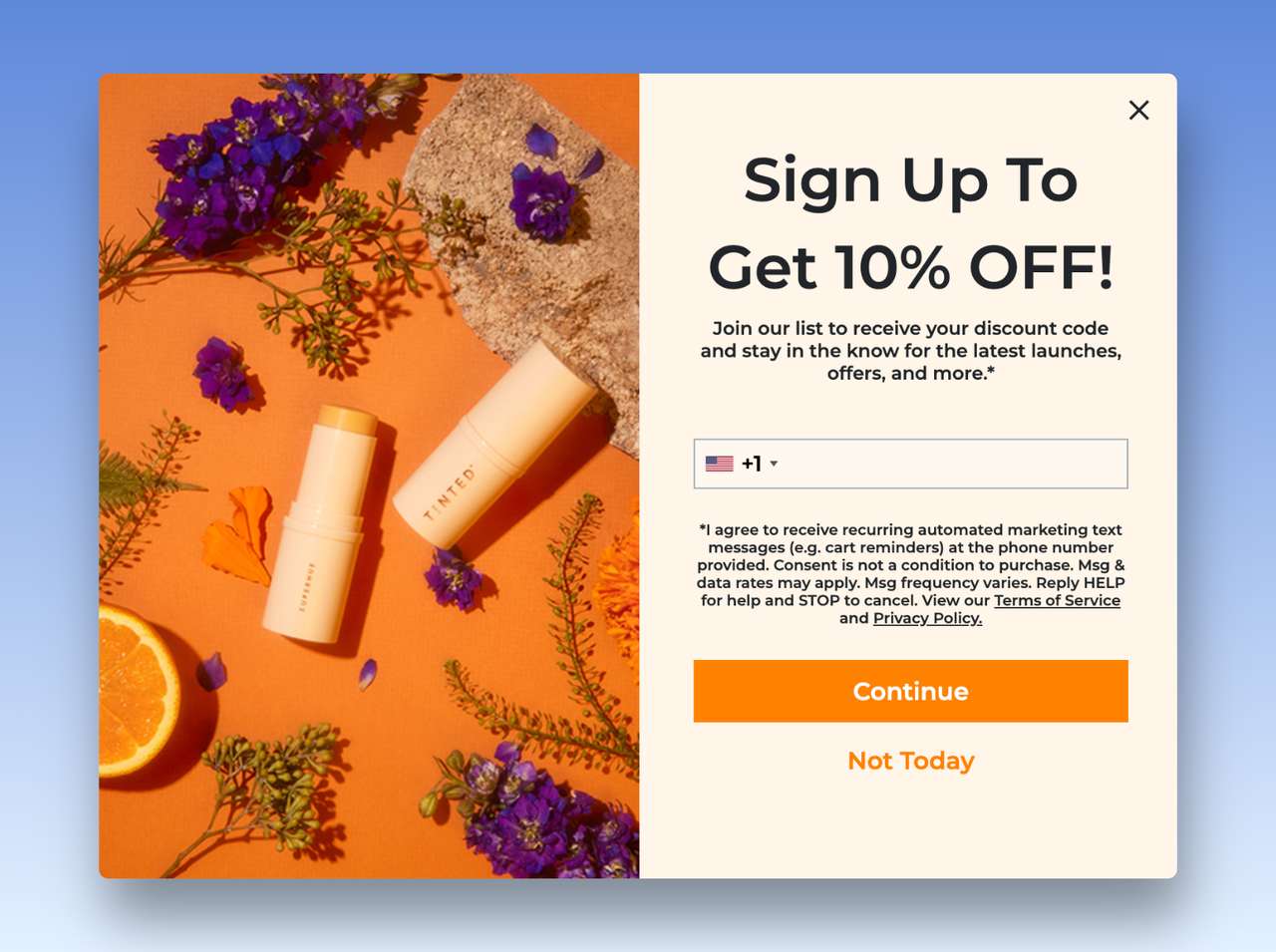 Livetinted markasının kullanıcı telefon numarası karşılığında %10 indirim sunan SMS pop-up örneği ve sağ tarafta markanın ürününün resmi