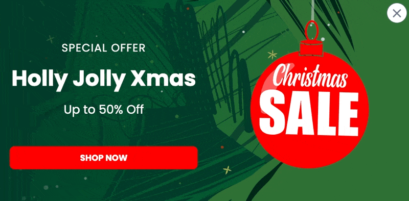 Noel için %50 indirim sunan animasyonlu bir Noel pop-up'ı