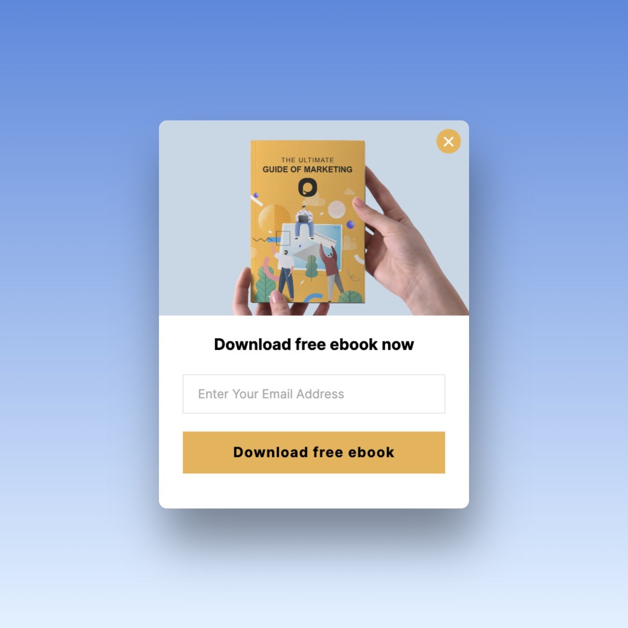 Üstünde sarı bir kitabı tutan bir el resmi ve "ücretsiz e-kitabı indir" çağrısı olan ücretsiz e-kitap indirme pop-up örneği
