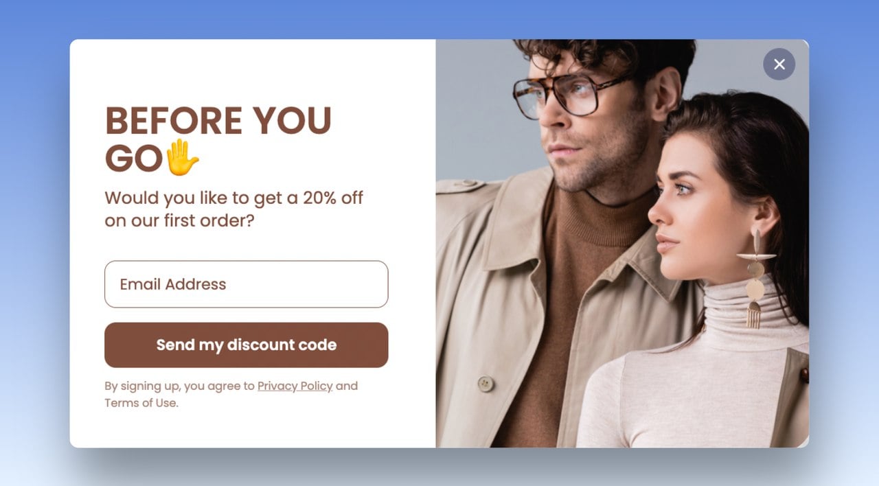 Bir sepet terk etme pop-up örneği, üzerinde 'Gitmeden Önce, İlk Siparişinizde %20 İndirim Almak İster misiniz?' yazıyor, sağ tarafta bir erkek ve kız resmi var