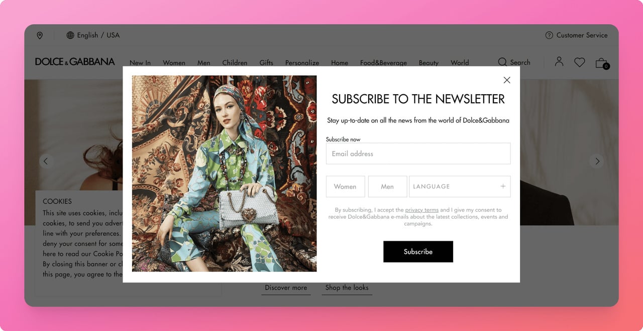 Dolce & Gabbana popup overlay example with brand model imagery