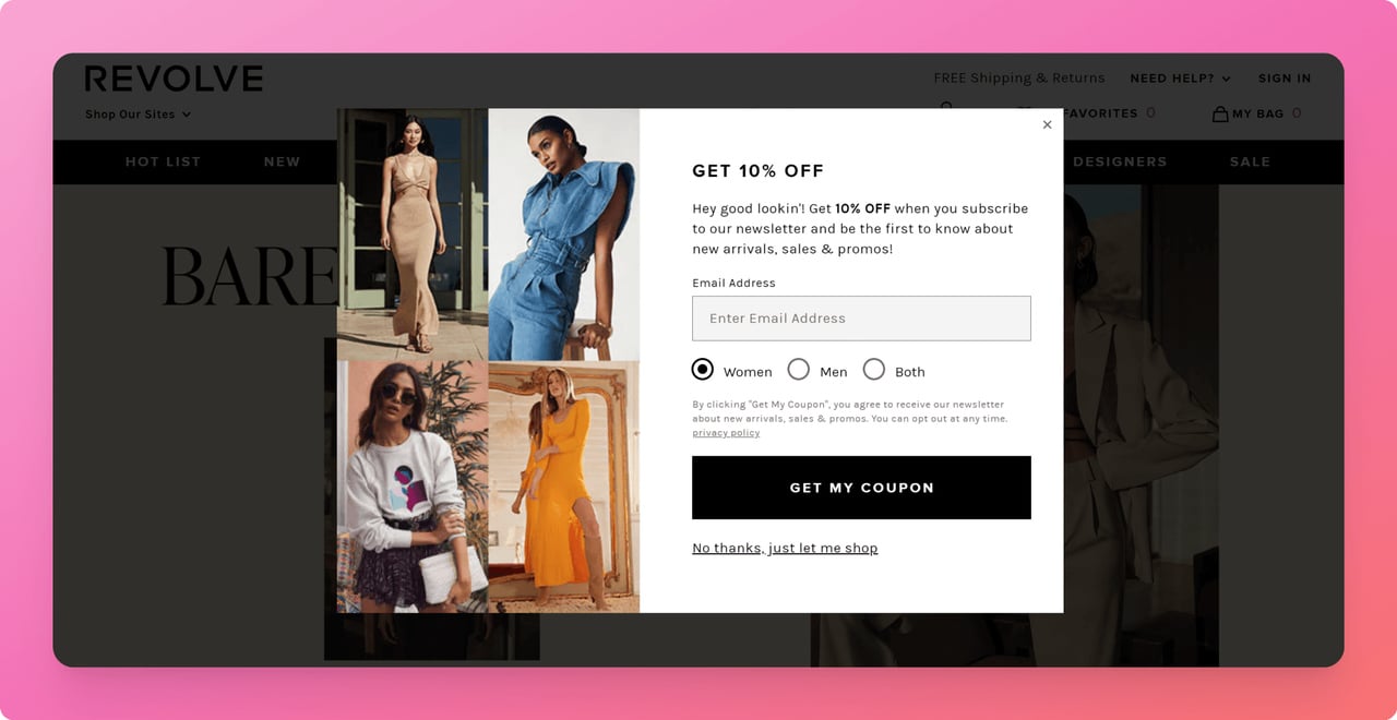 Revolve discount popup overlay example