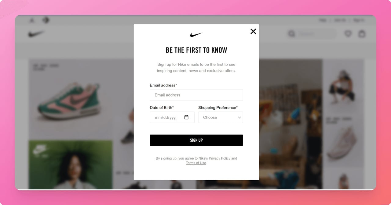 Nike popup overlay example with minimal copy and clear CTA