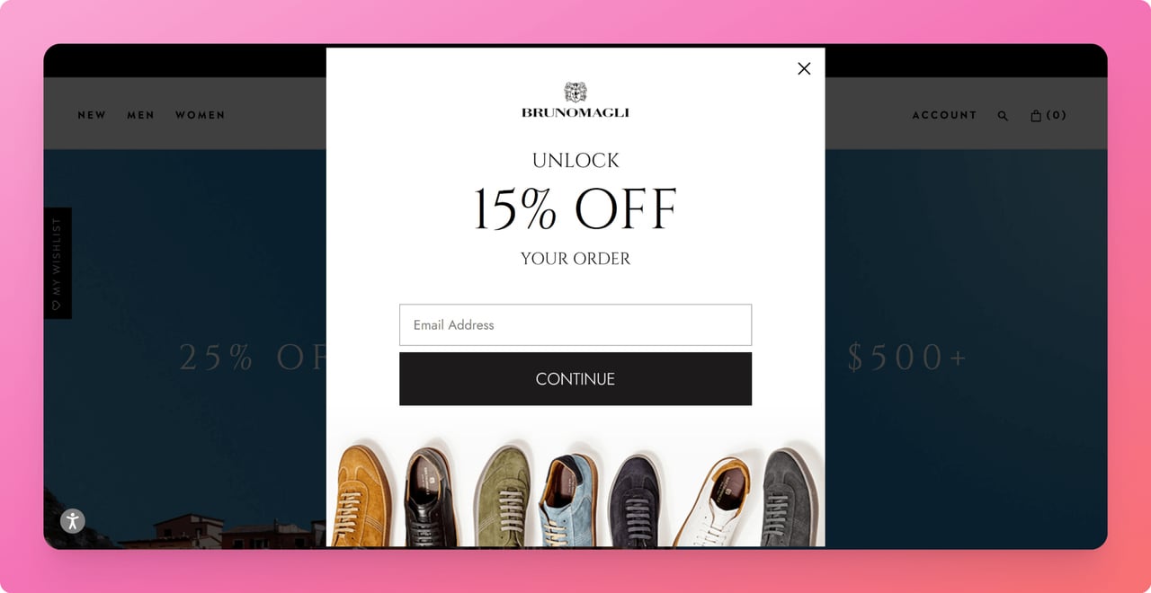 Bruno Magli popup overlay example offering 15 percent off