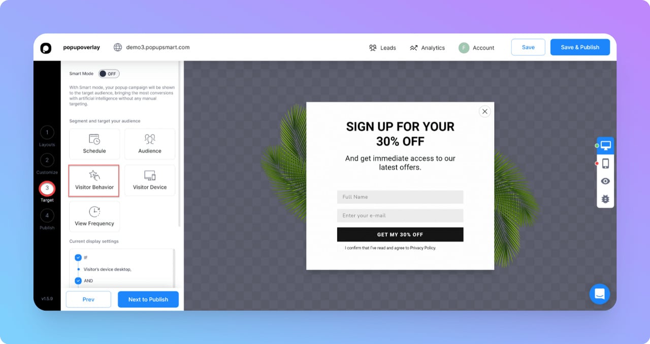 Popupsmart customize tab with design controls