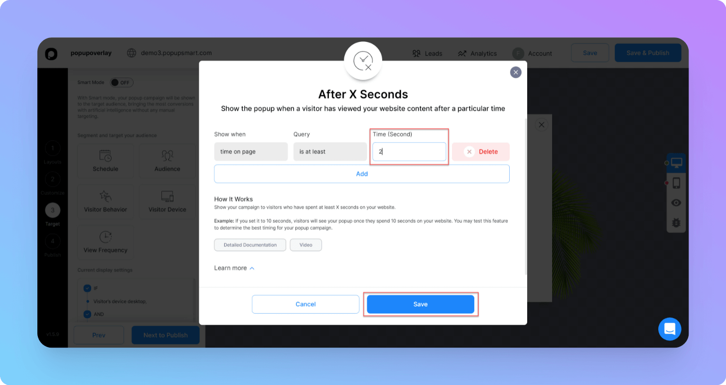 Popupsmart final design preview before moving to targeting