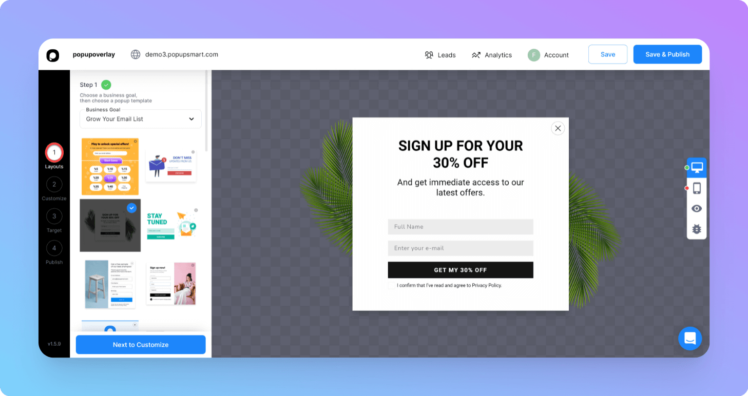 Popupsmart Playbook template library overlay templates