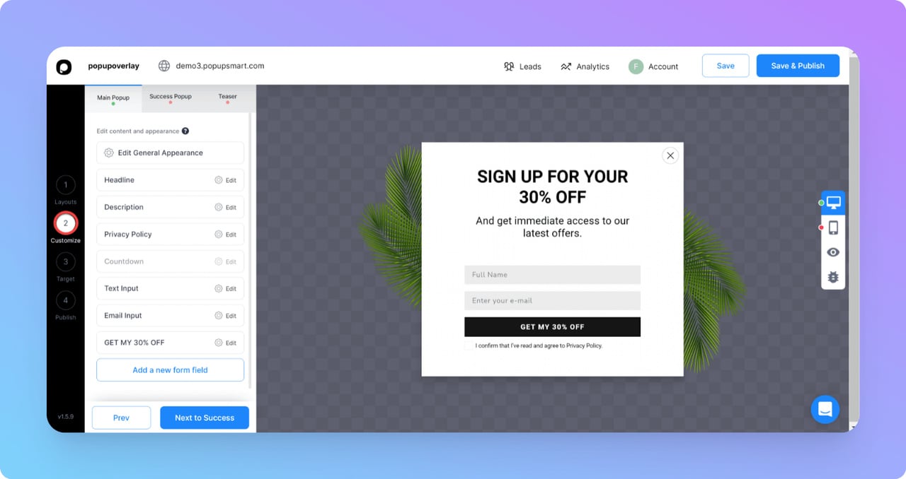 Popupsmart template selection close-up showing layout options