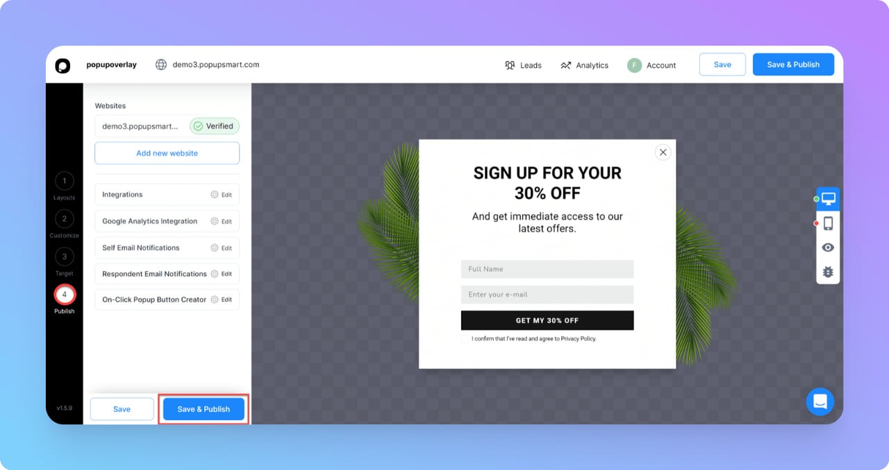 Popupsmart form field configuration with email field setup