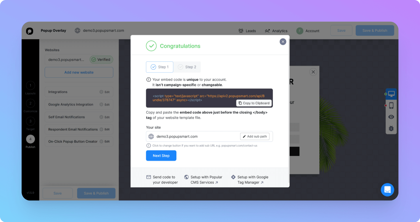 Popupsmart publish tab showing embed code snippet