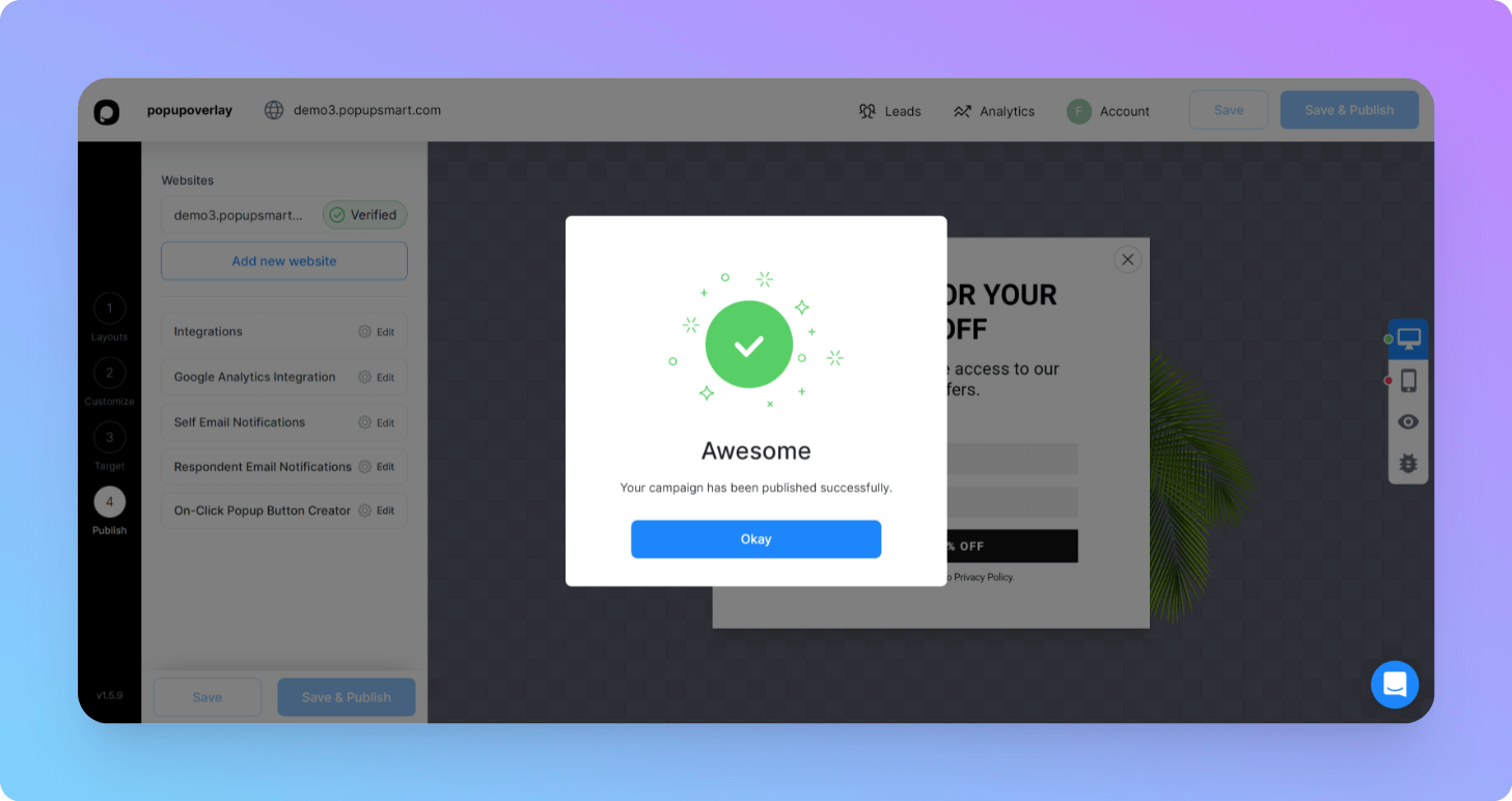Popupsmart targeting controls showing visitor and device rules