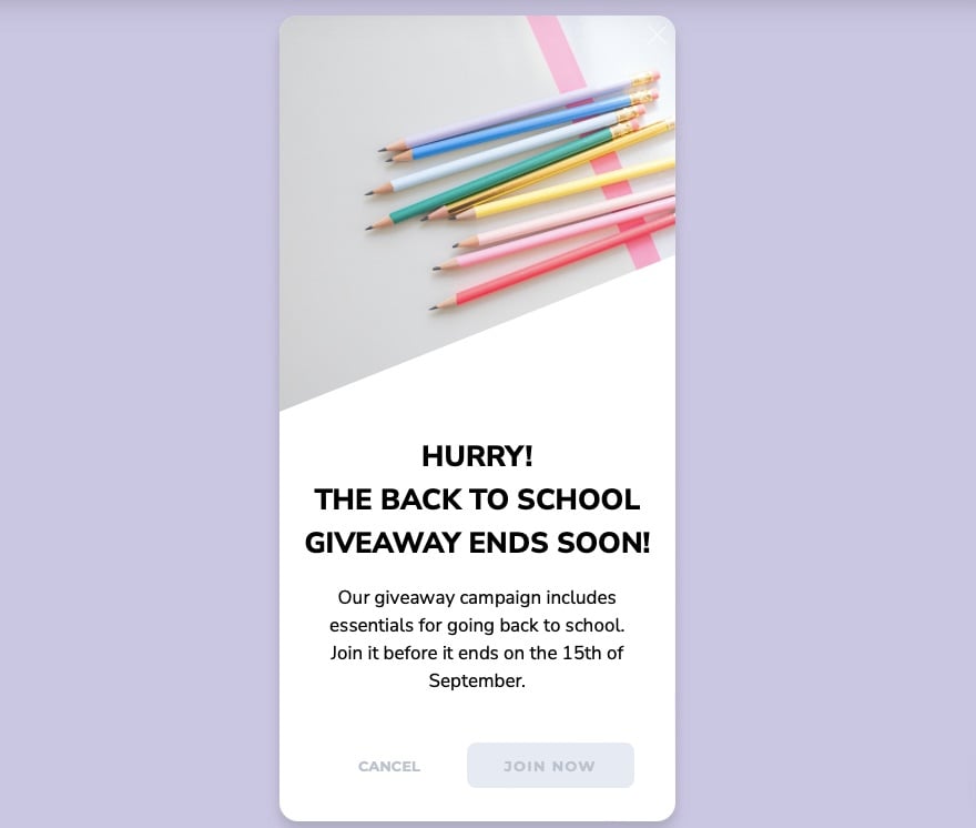Urgency-driven giveaway popup with all-caps headline 'Hurry! The back to school giveaway ends soon'