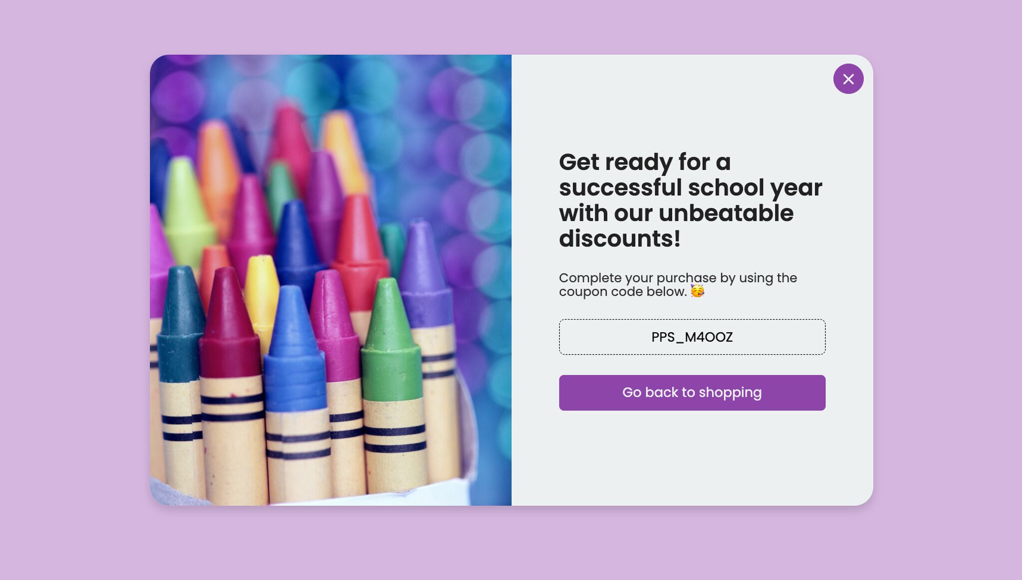 Back-to-school popup displaying a discount coupon code with product imagery and a clear call-to-action button