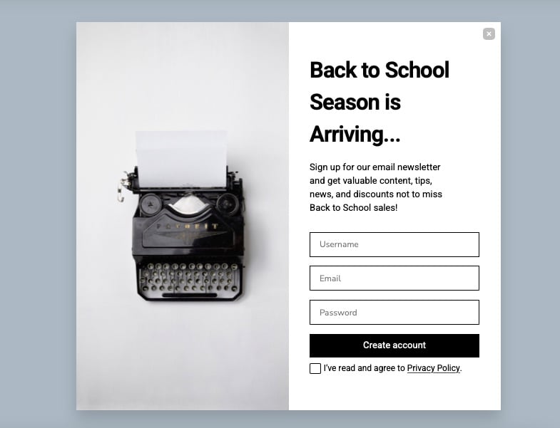 Email newsletter popup with the headline 'Back to school season is arriving' and a subscribe form