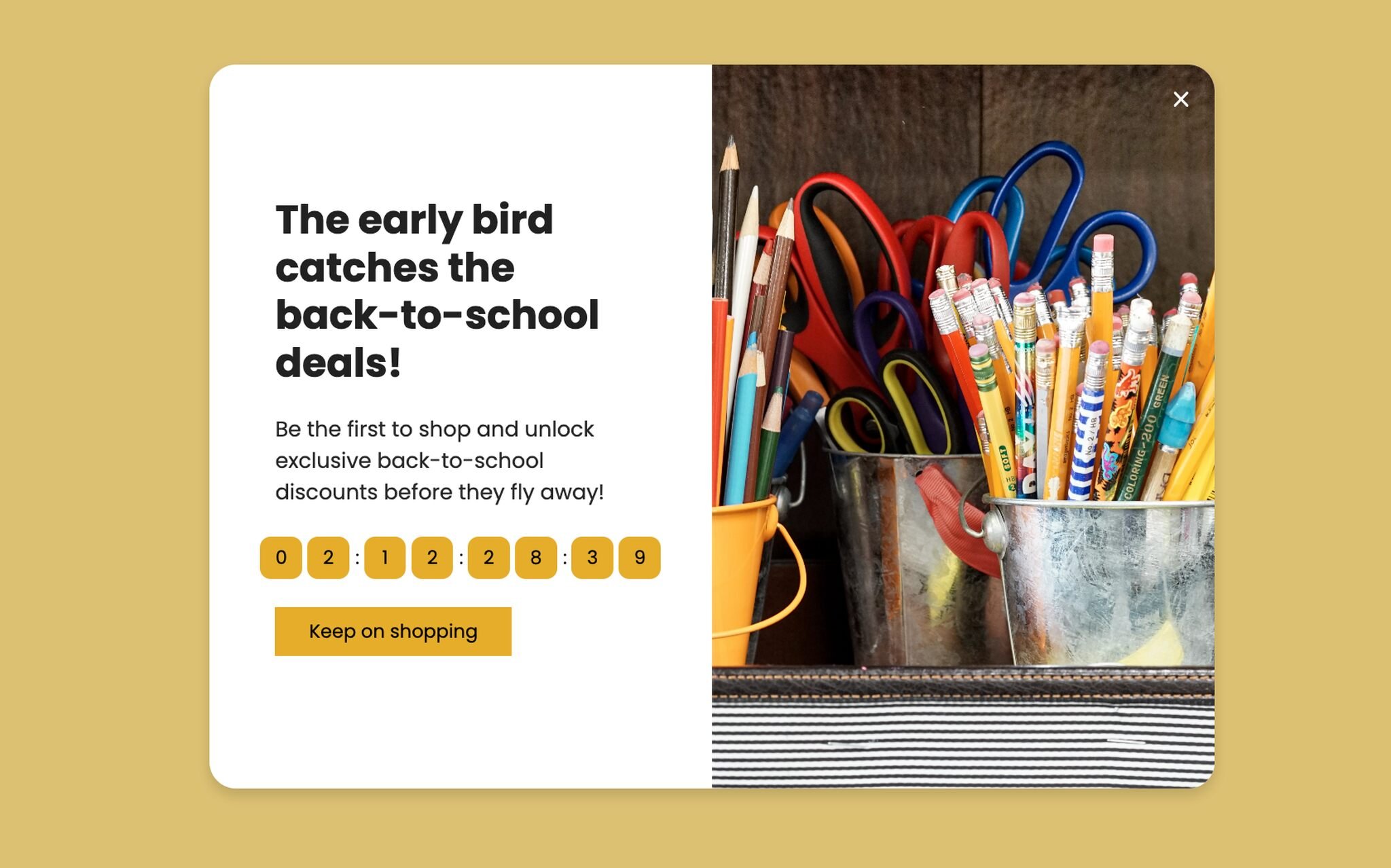 Back-to-school popup with a live countdown timer and the headline 'The early bird catches the back-to-school deals'