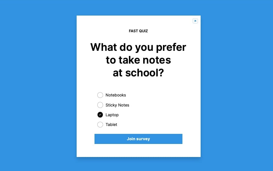 Quick survey popup with the label 'Fast quiz' and the question 'What do you prefer to take notes at school?'