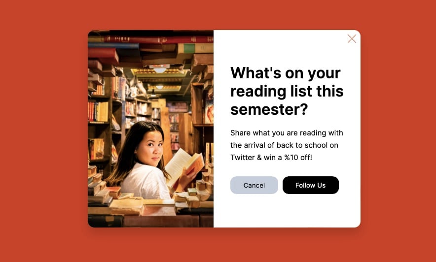 Interactive back-to-school popup asking 'What's on your reading list this semester?' with an image of a girl holding a book in a library